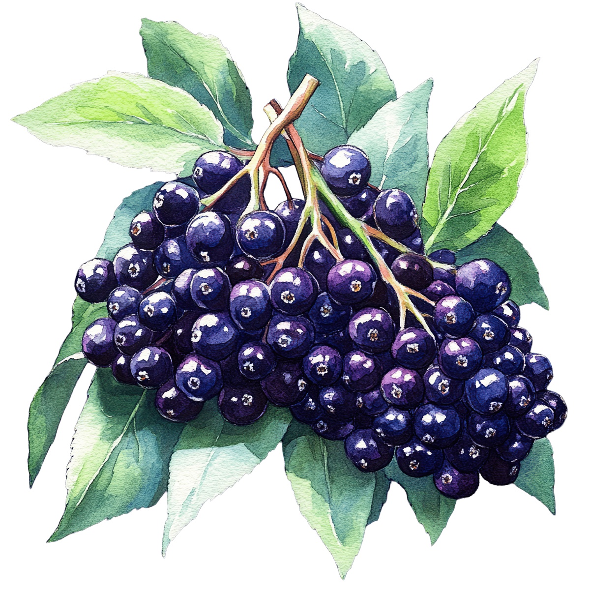 Watercolor elderberries with green leaves.