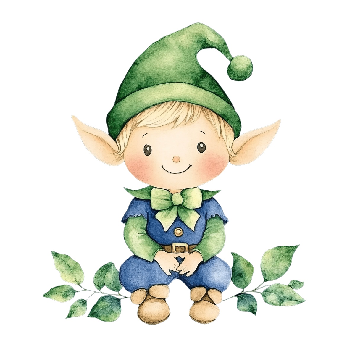 Watercolor elf character wearing a green hat and sitting with leaves.