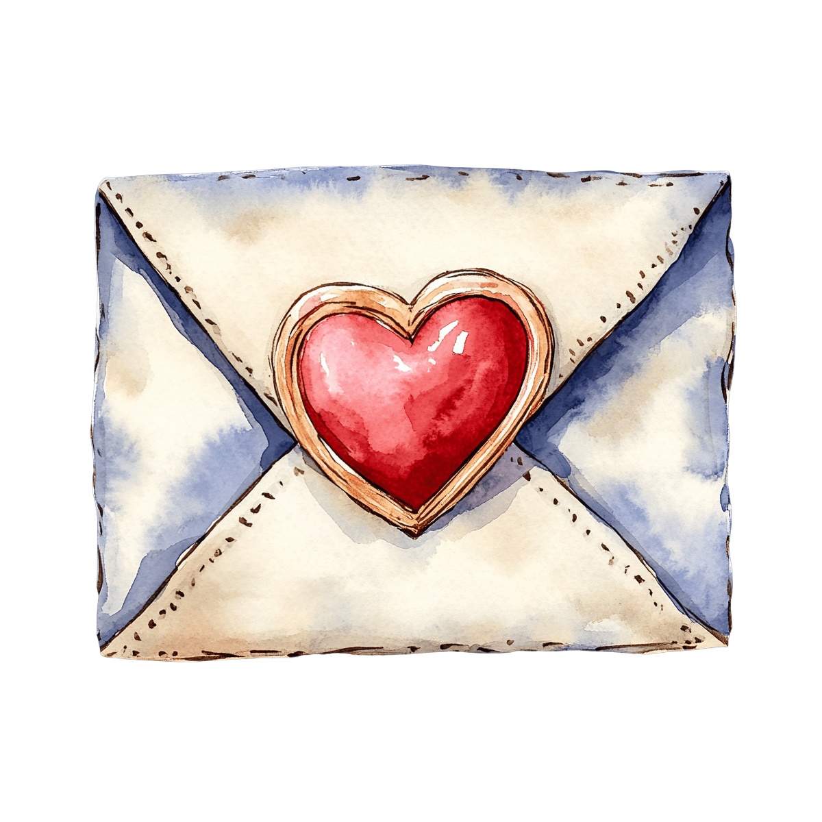 Watercolor illustration of an envelope with a red heart seal in front.