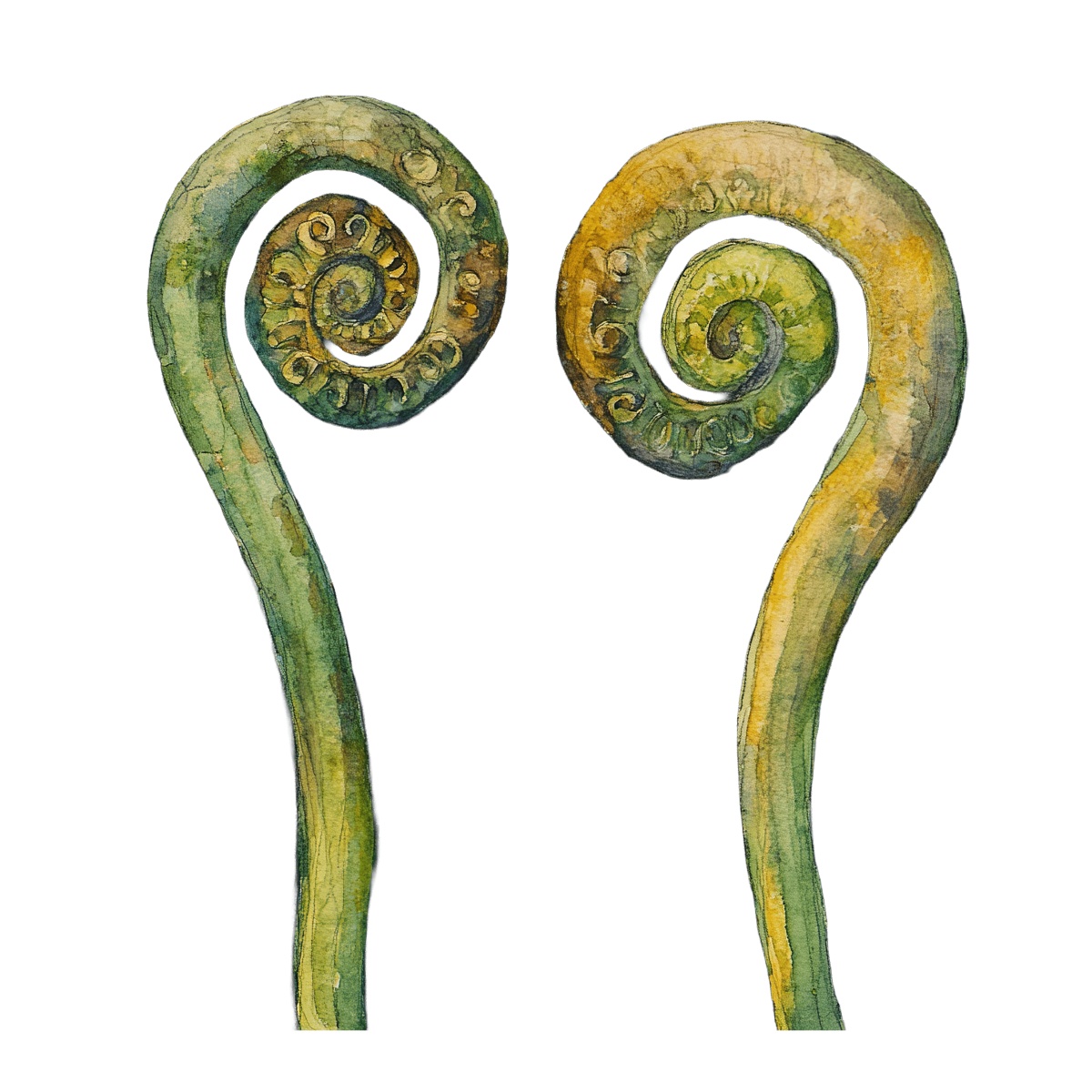 Watercolor fern fronds with spiral shapes.