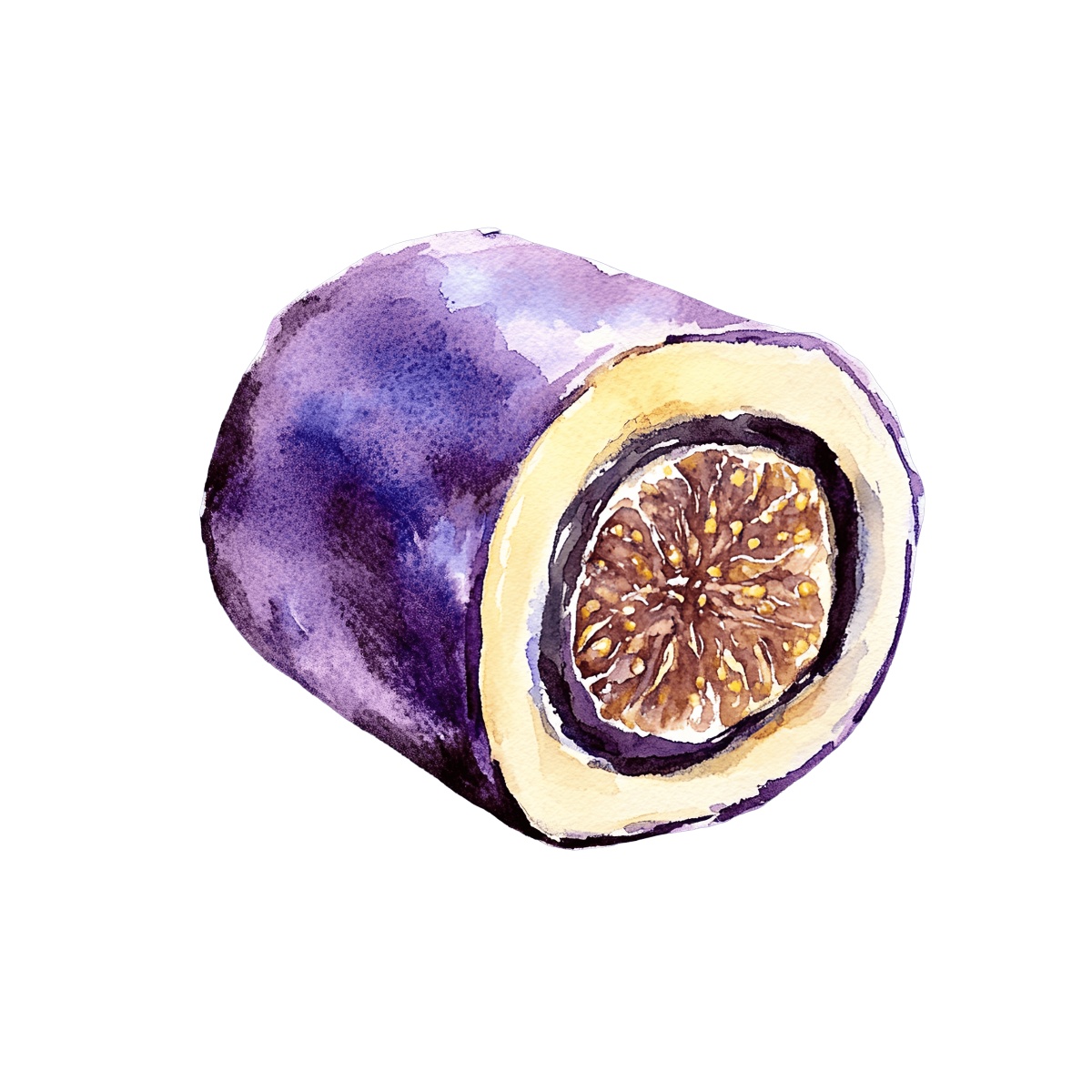 Watercolor fig roll featuring purple and yellow layers with fig center.