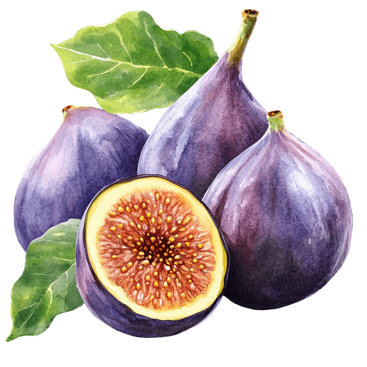 Watercolor art of figs with leaves and a sliced fig.