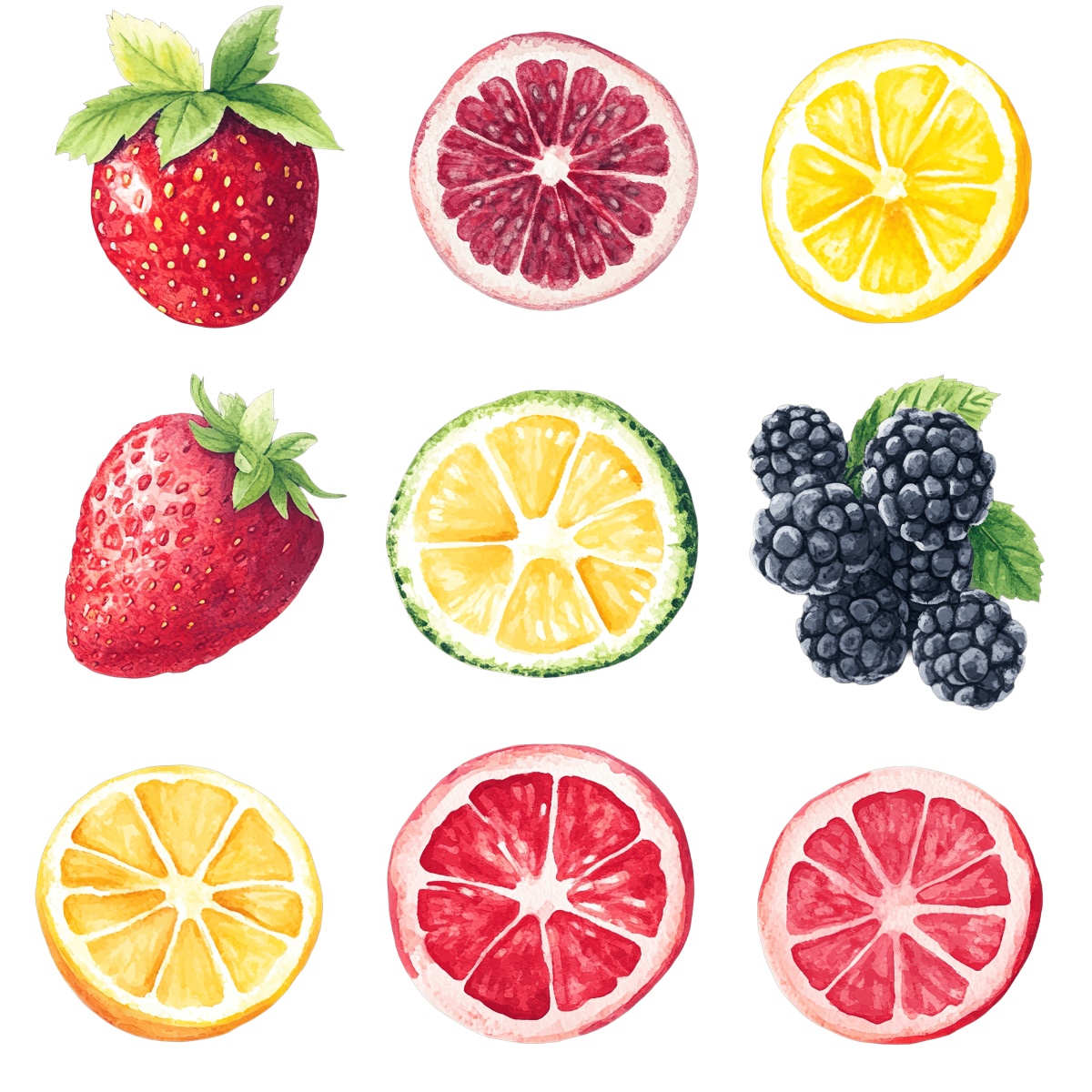 Watercolor fruits including citrus slices and berries.