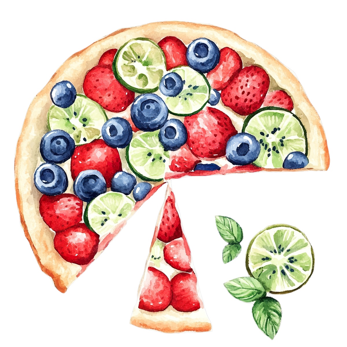 Watercolor fruit pizza with strawberries, blueberries, and lime slices.