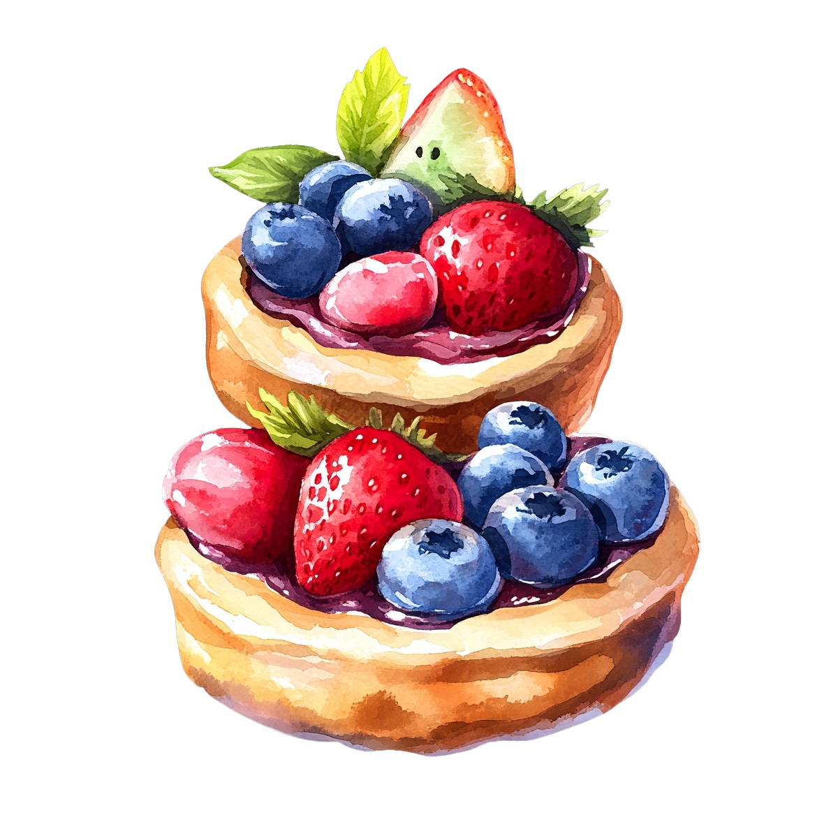 Watercolor fruit tarts with strawberries, blueberries, and mint leaves on top.