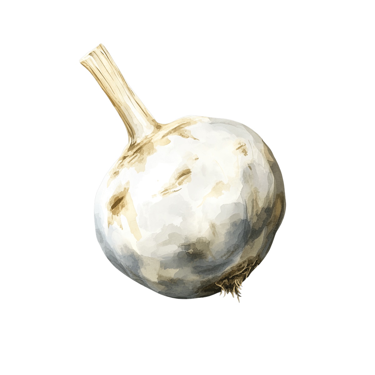 Watercolor garlic bulb with detailed texture and realistic shadow.