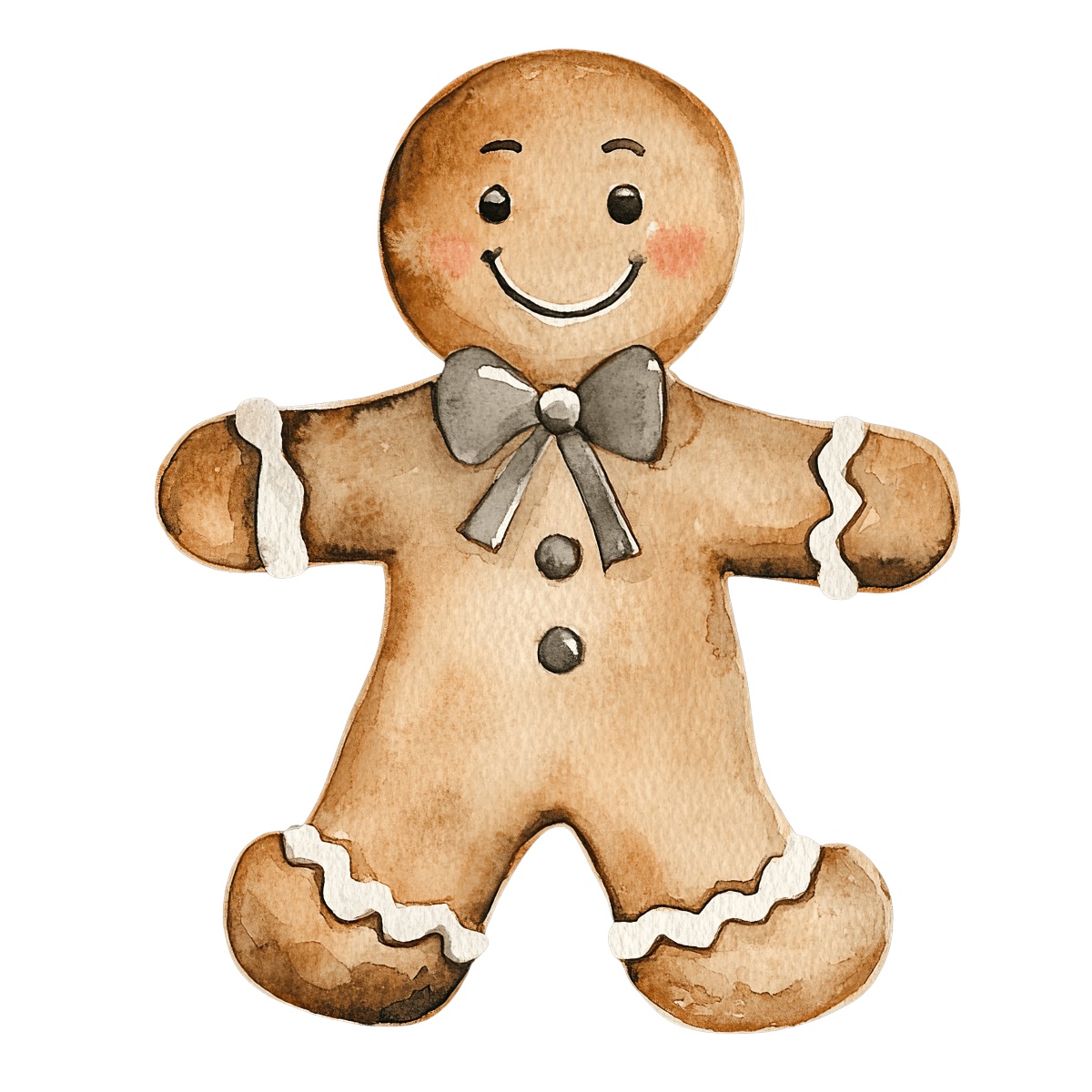Watercolor gingerbread cookie with icing decorations and a bow tie.