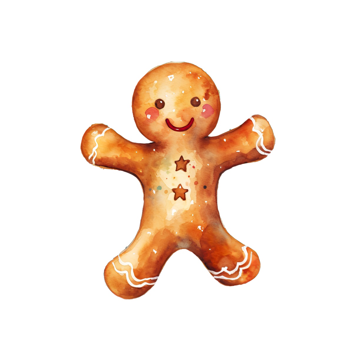Watercolor gingerbread man cookie with icing and star decorations.