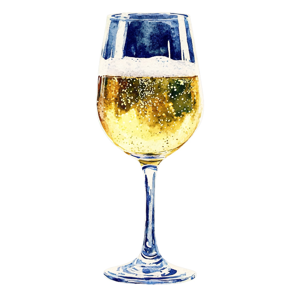 Watercolor glass of sparkling white wine with bubbles visible.