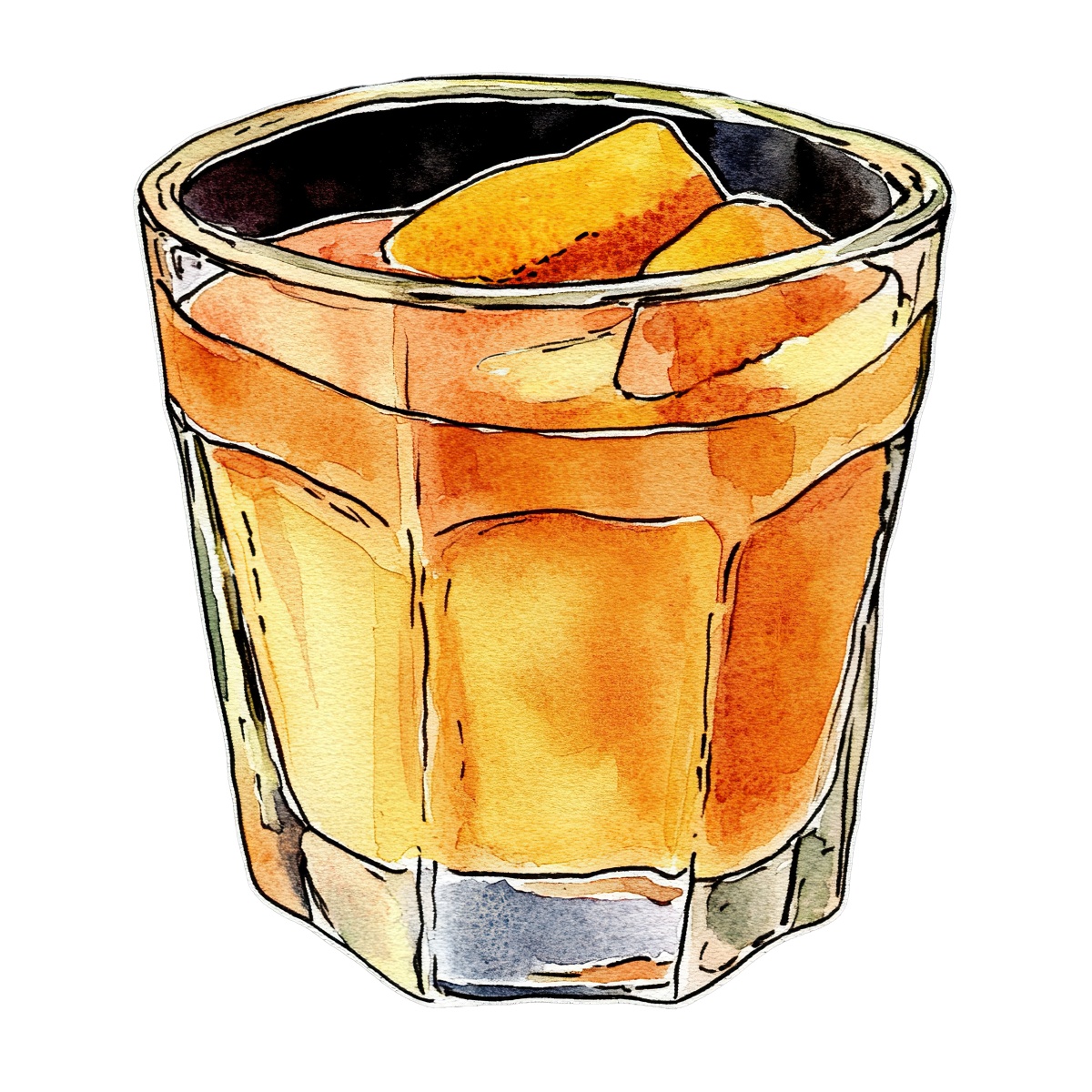 Watercolor style glass of whiskey with ice cubes inside.