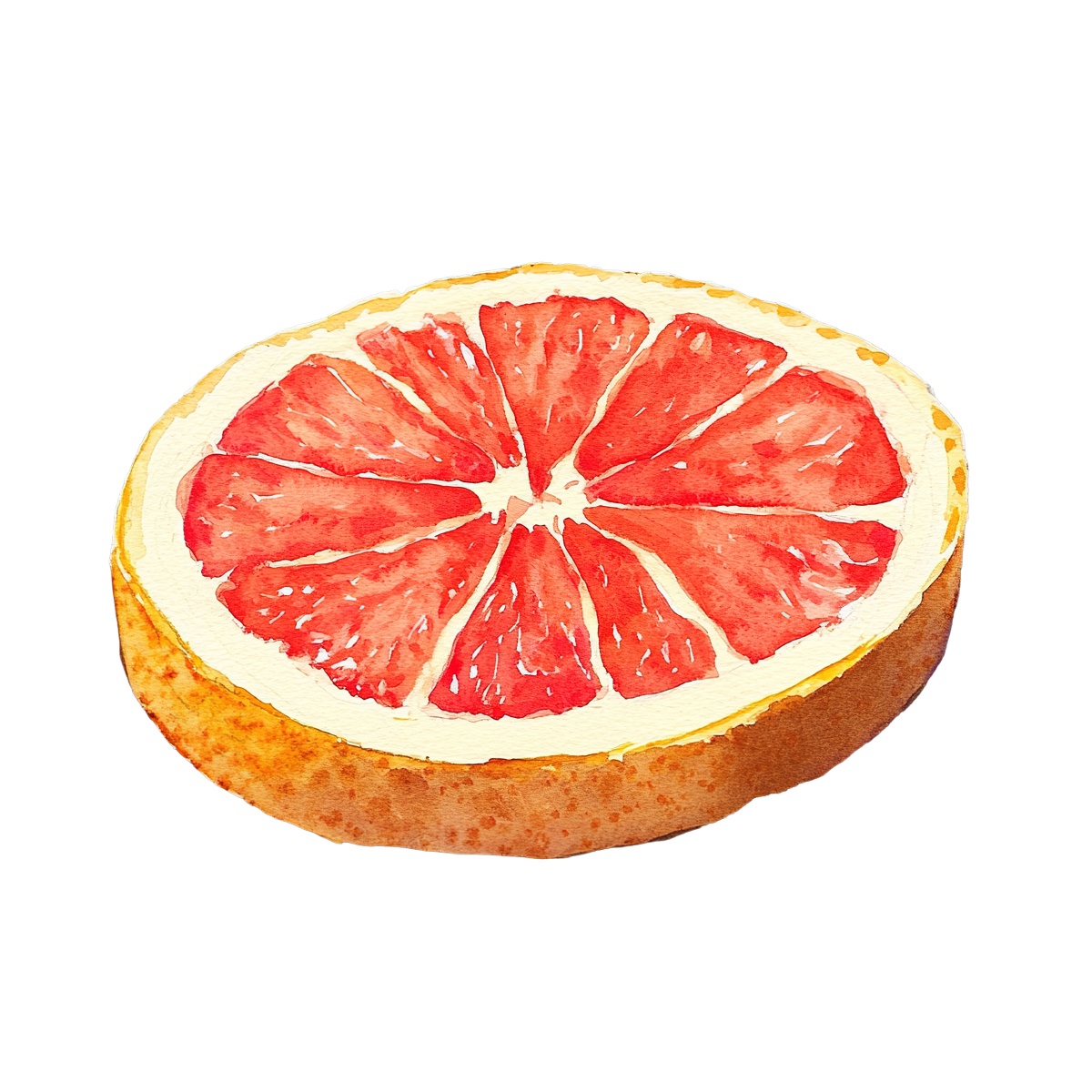 Watercolor grapefruit slice with vibrant red and orange hues.