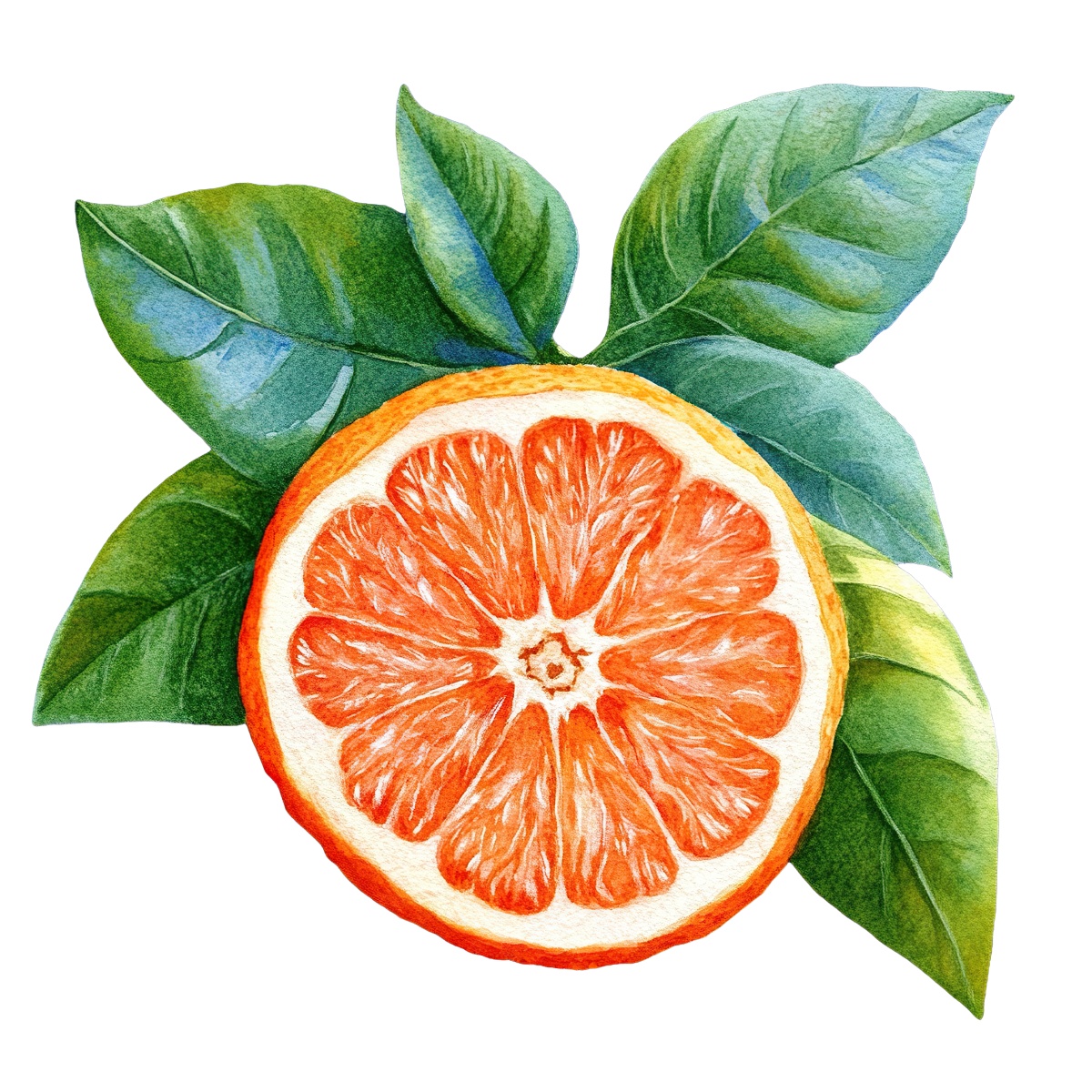 Watercolor grapefruit slice with green leaves, showcasing citrus fruit details.