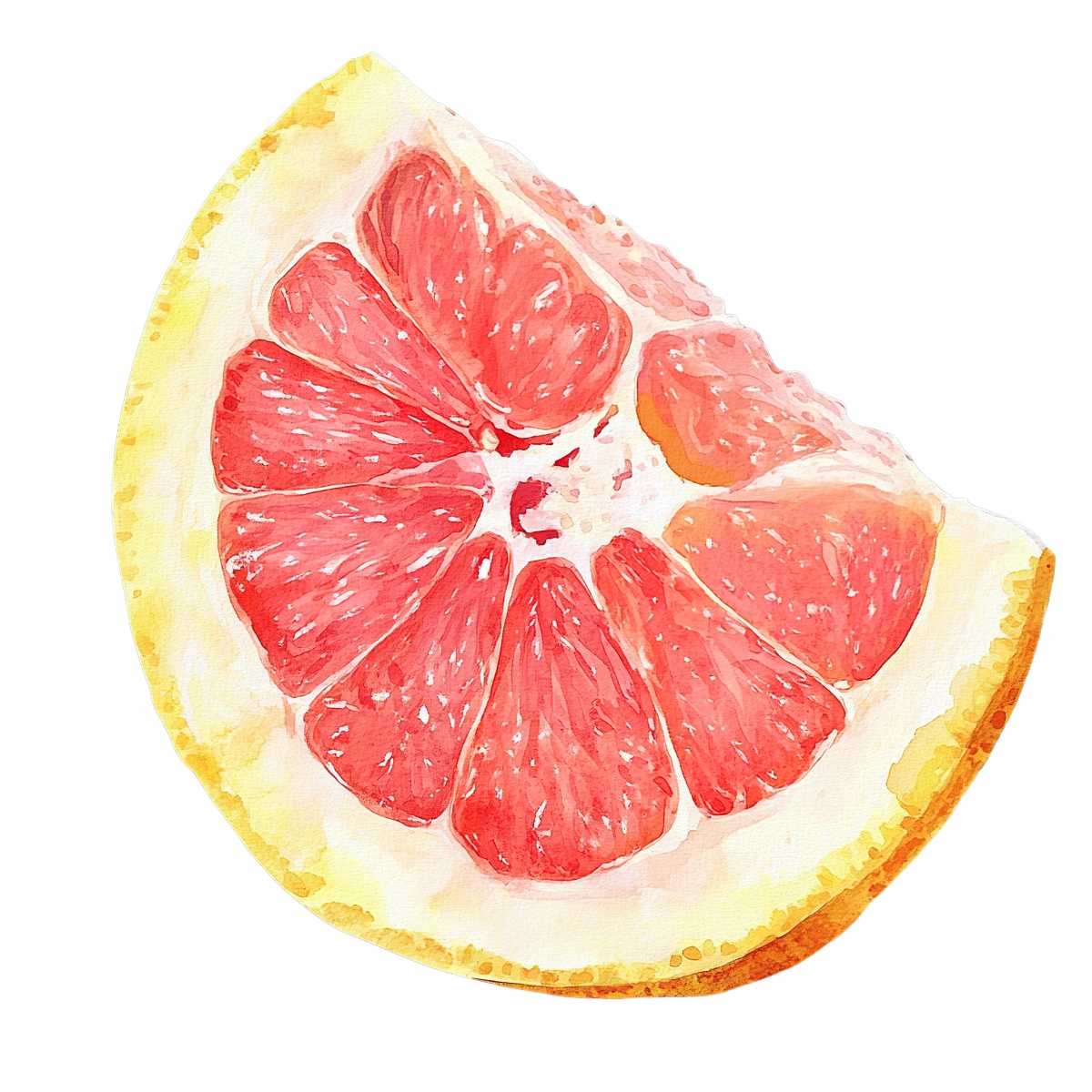 Watercolor grapefruit slice featuring vibrant pink segments and yellow rind.