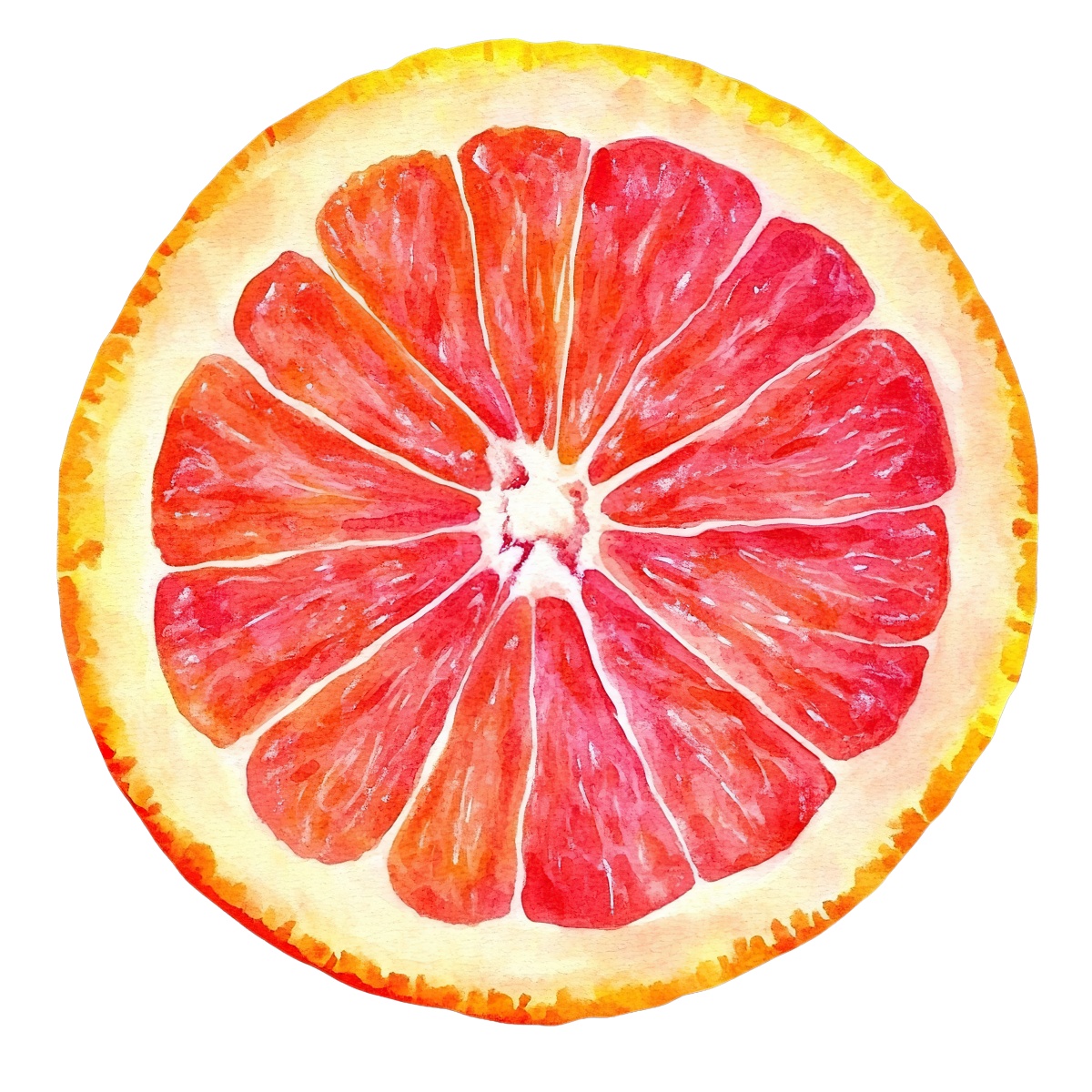 Watercolor grapefruit slice showing vibrant red segments and yellow rind.