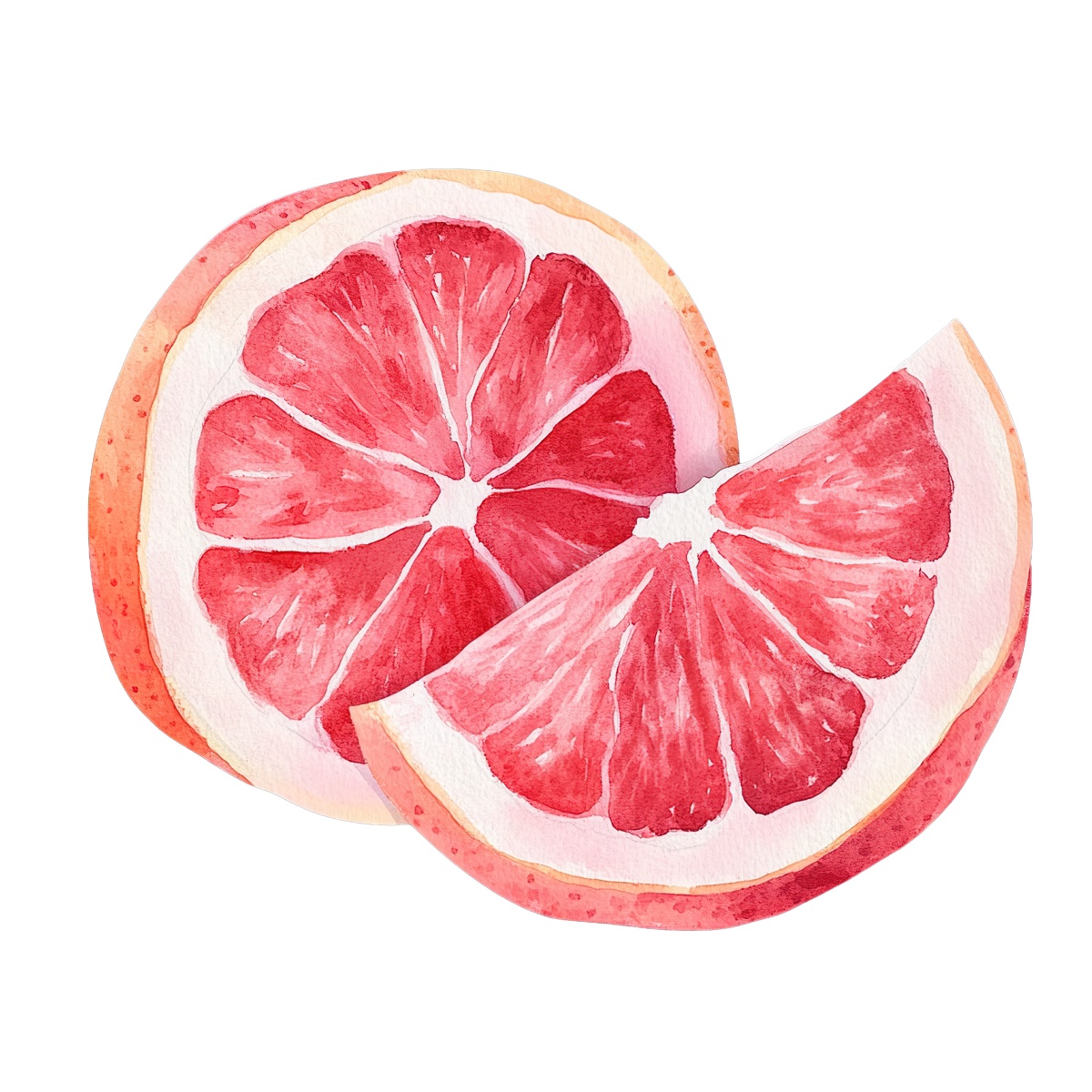Watercolor grapefruit slices with vibrant pink flesh and detailed texture.