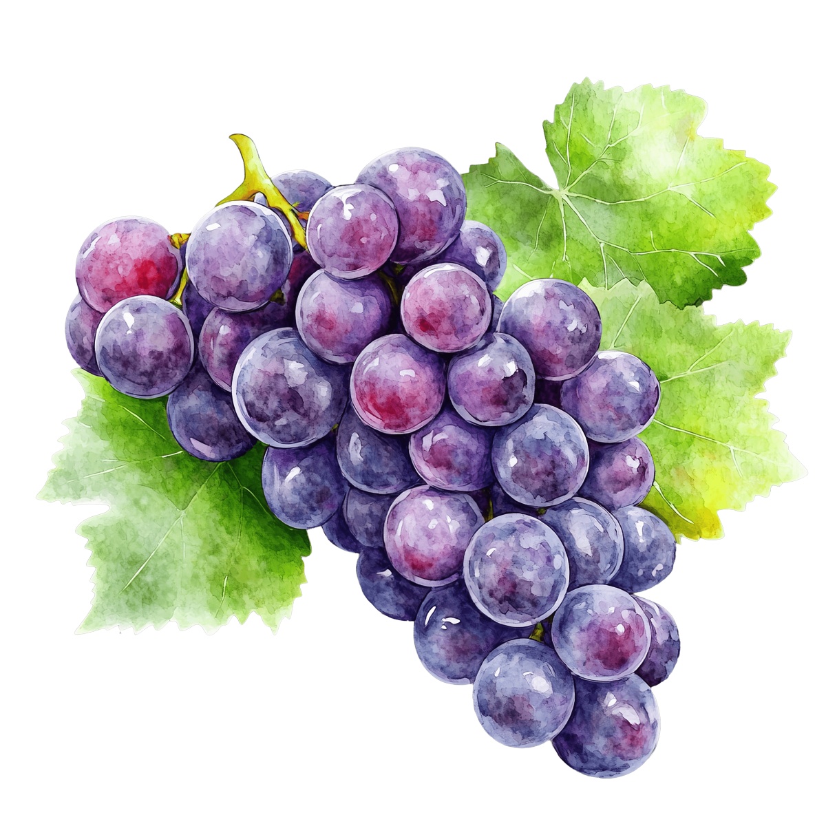 Watercolor grapes with green leaves.