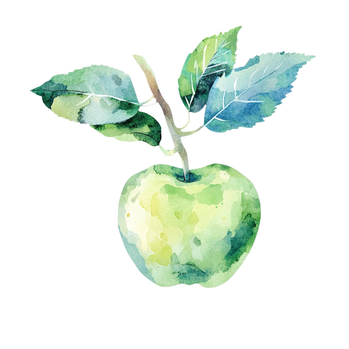 Watercolor green apple with leaves on a branch, artistic depiction.
