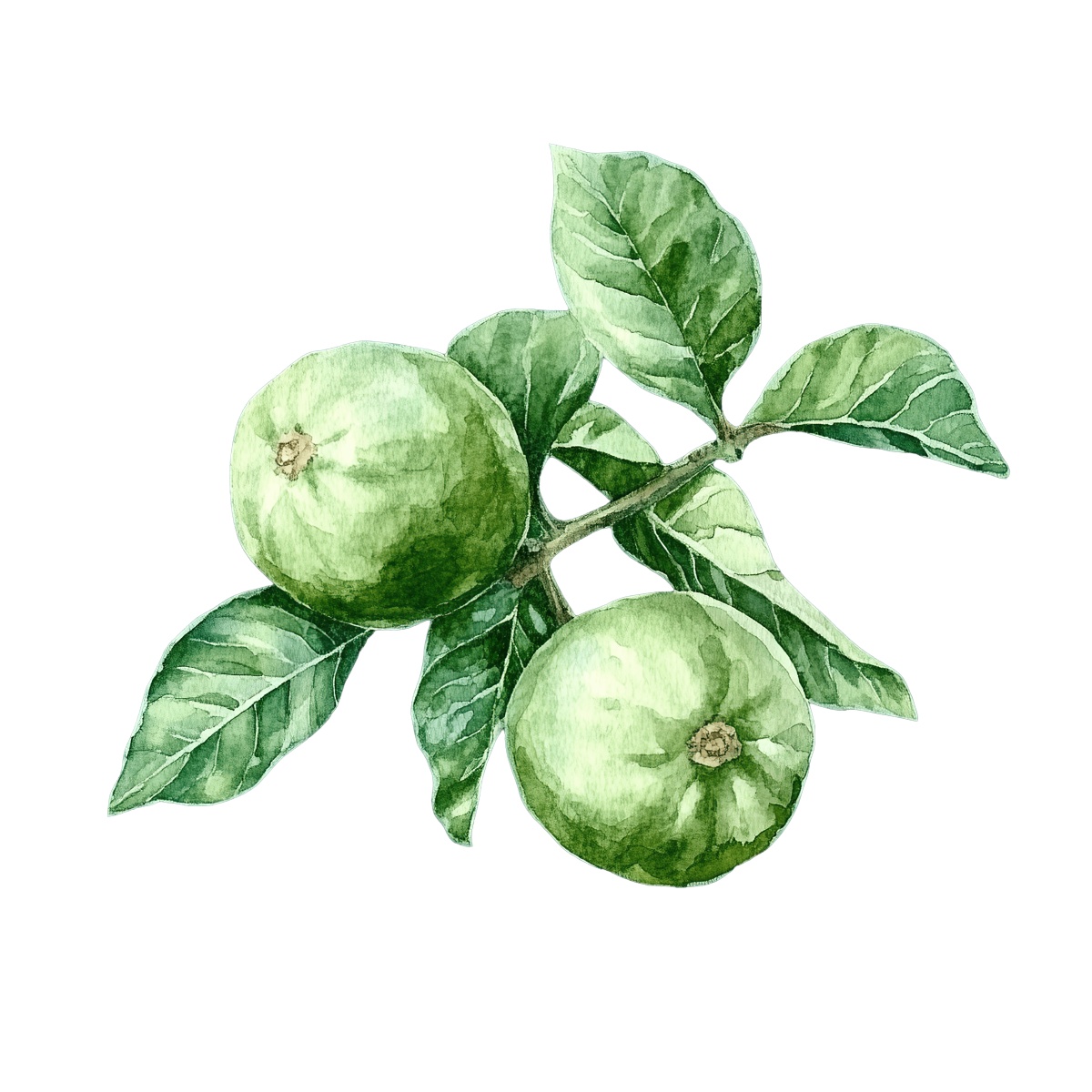 Watercolor green apples and leaves.