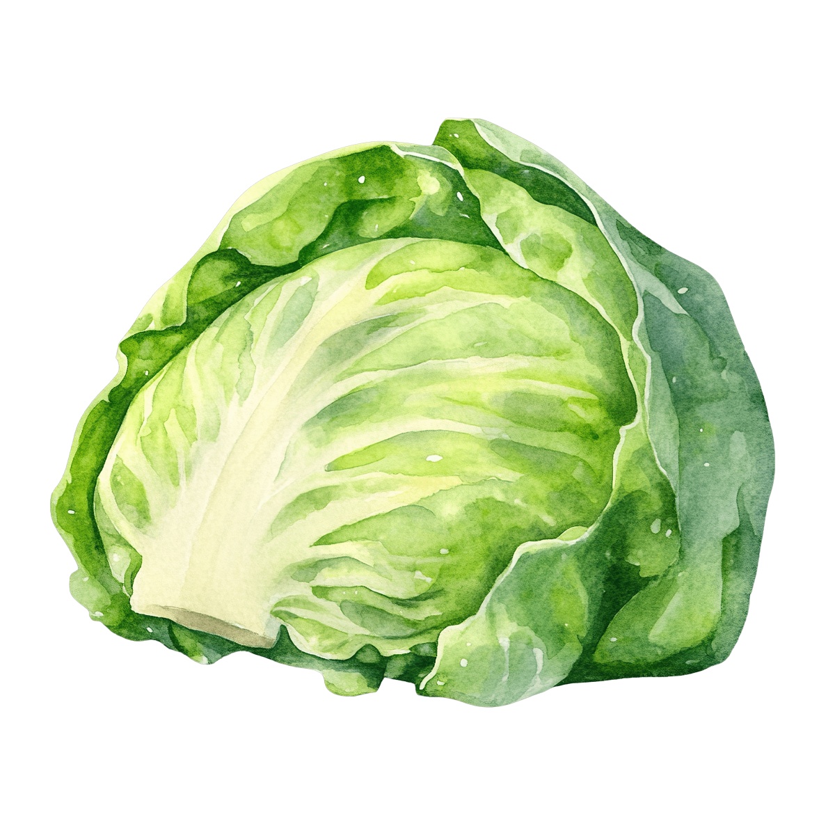 Watercolor art of a green cabbage with detailed leaf texture.