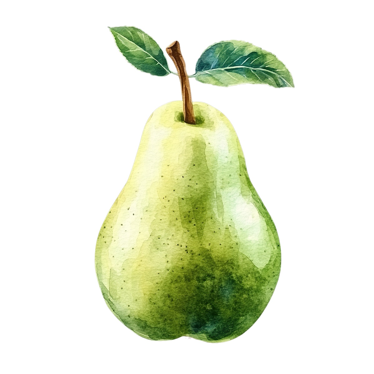 Watercolor green pear with stem and leaves.