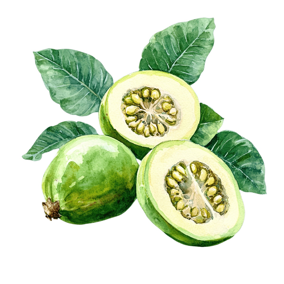 Watercolor guava fruit with leaves.