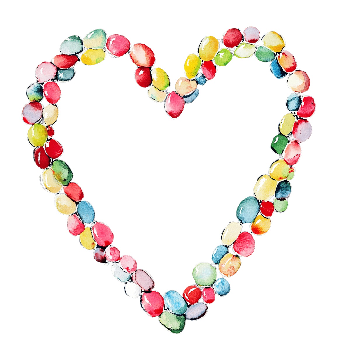 Heart shape made of colorful beads in a watercolor style on black.
