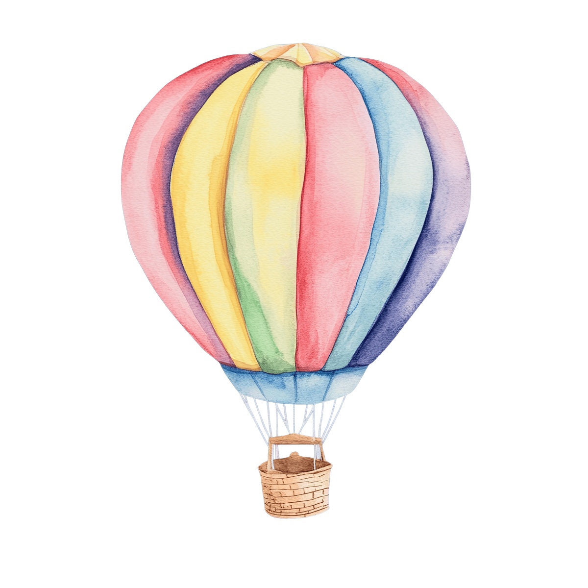 Watercolor illustration of a multicolored hot air balloon on a black background.