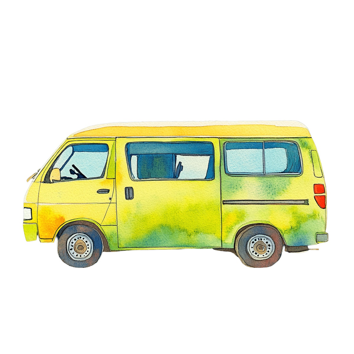 Watercolor illustration of a bright yellow passenger van in side view.