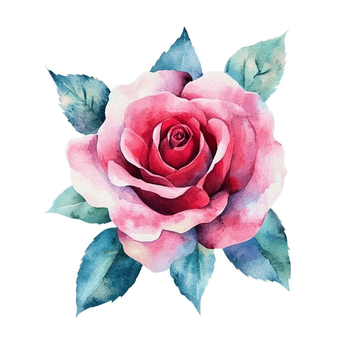 Watercolor red rose with green leaves on a black background.