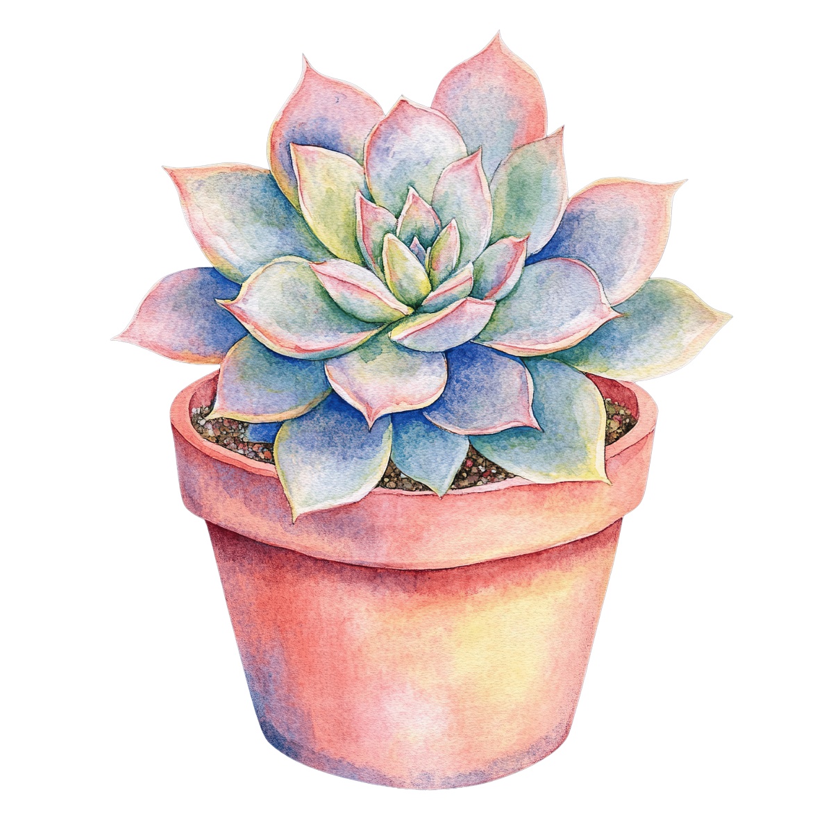 Watercolor illustration of a succulent plant in a terracotta pot.