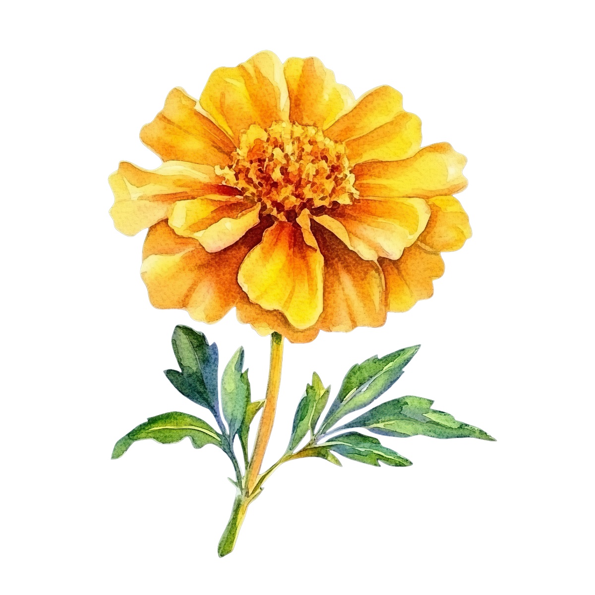 Watercolor illustration of a yellow marigold with green leaves on a dark background.