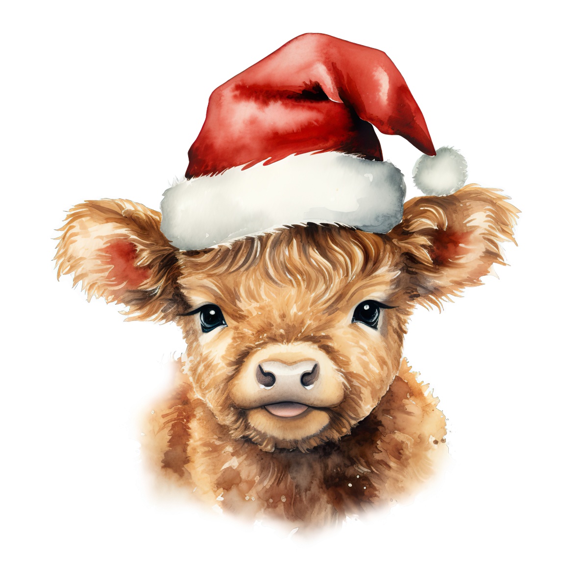 Watercolor cow wearing a red Santa hat with fluffy ears.