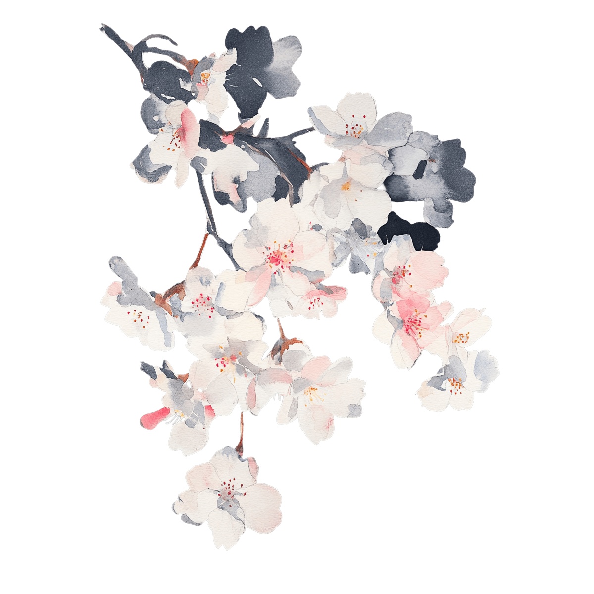 Watercolor cherry blossom branch with white and pink flowers on black background.