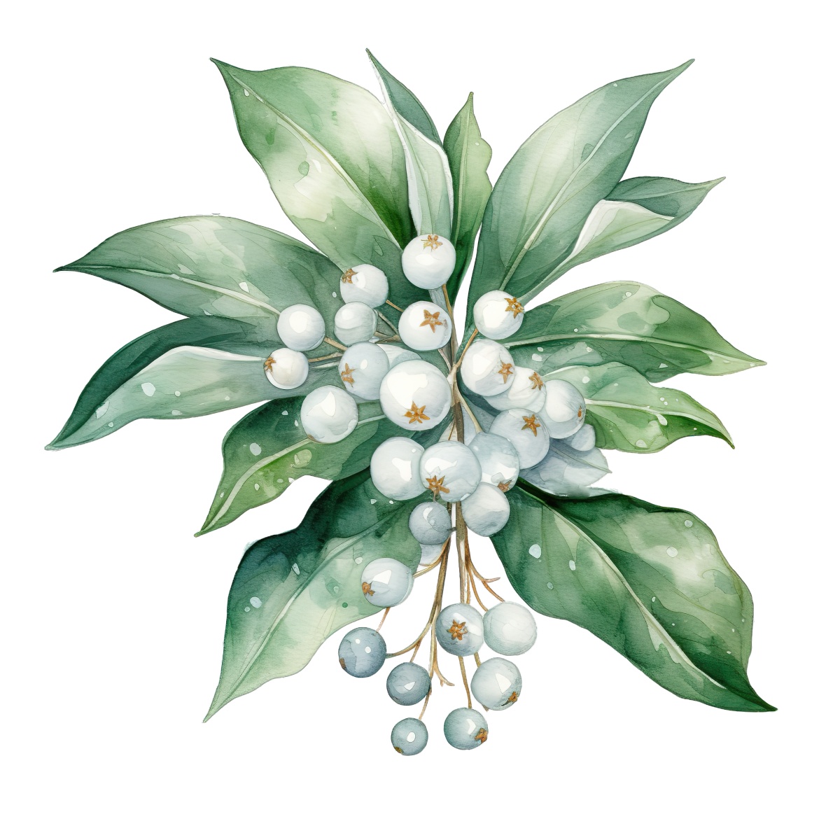 Watercolor illustration of green leaves with a cluster of white berries.
