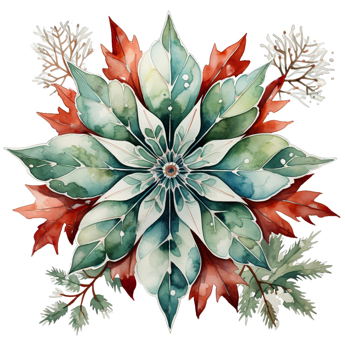 Star-shaped watercolor pattern featuring green and red leaves and branches.