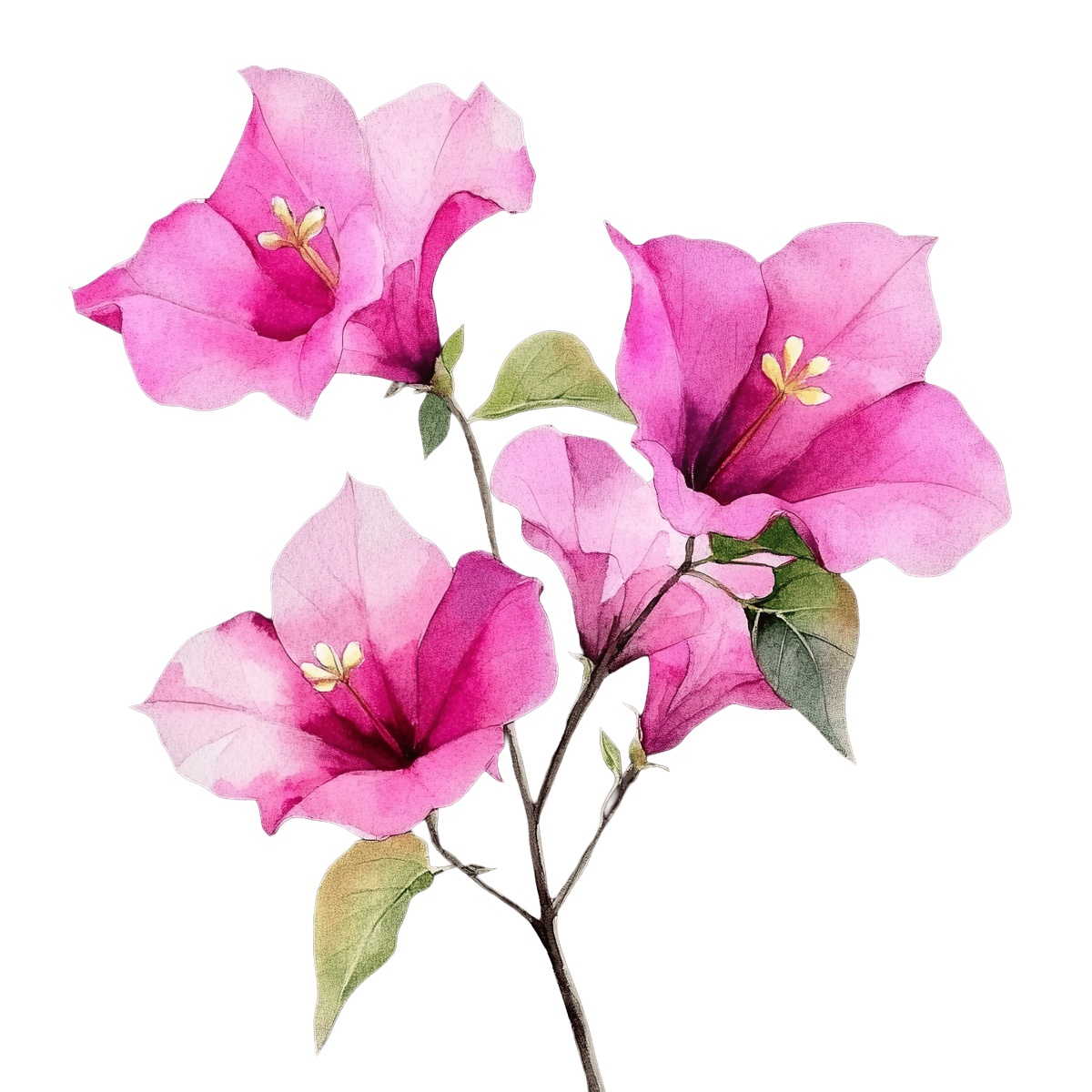 Watercolor illustration of pink bougainvillea flowers with green leaves.