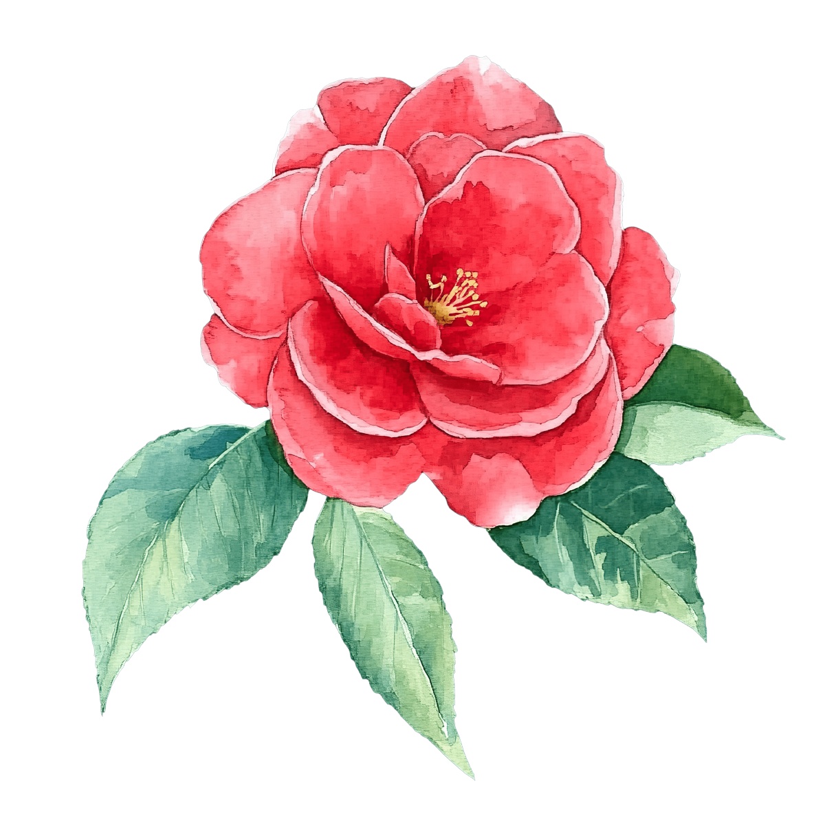 Watercolor illustration of red camellia flower with detailed green leaves.