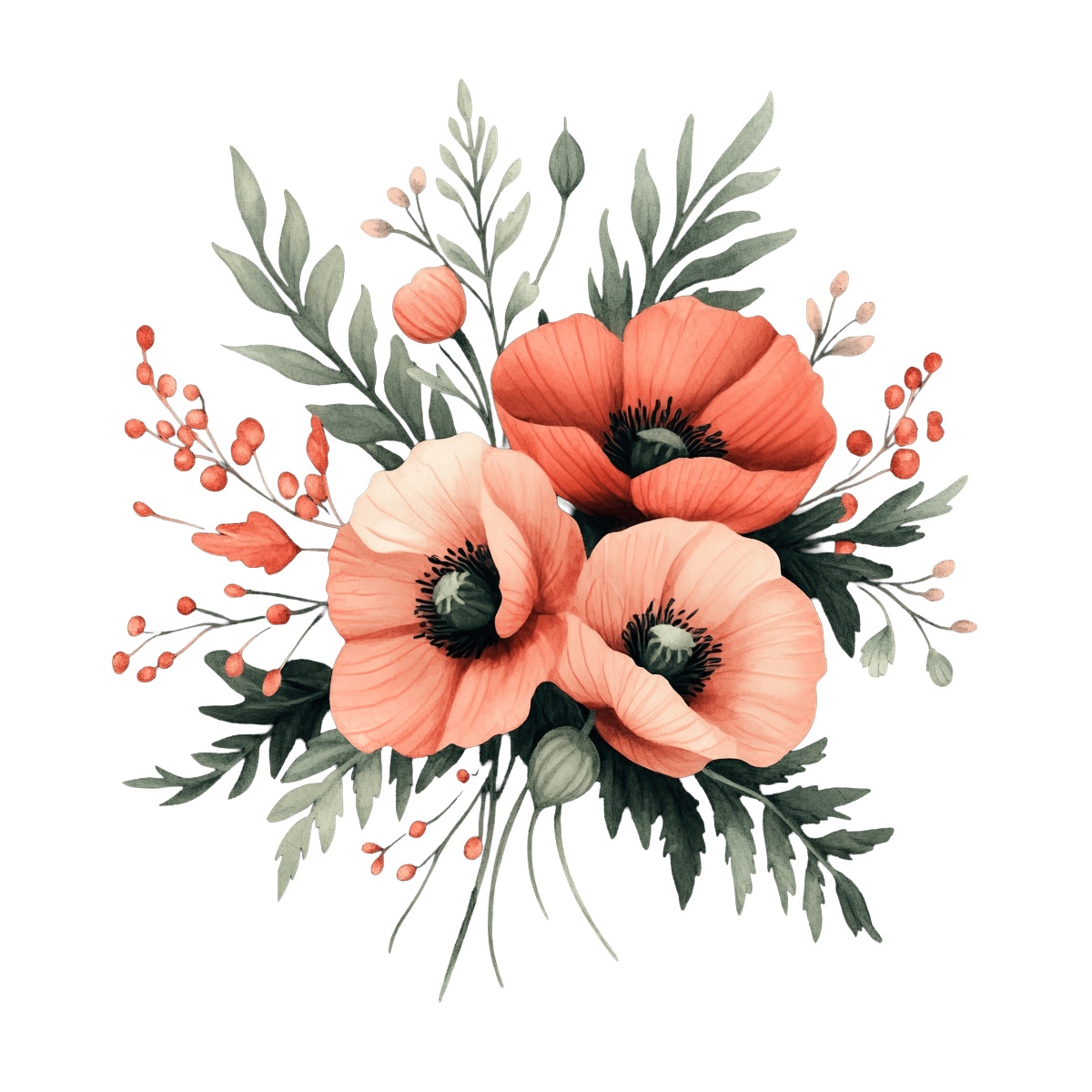 Red poppy flowers with green leaves and buds in a watercolor style.