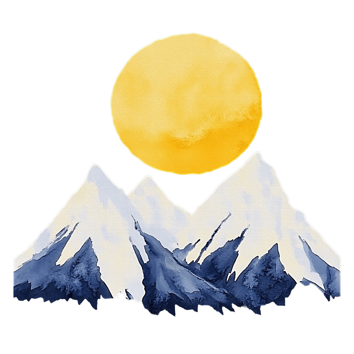 Watercolor drawing of snowy mountain peaks beneath a large yellow sun.
