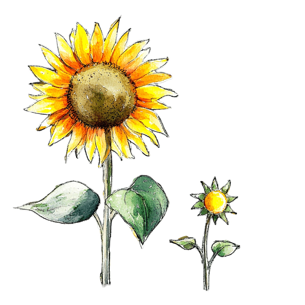 Watercolor illustration of two sunflowers with green leaves.