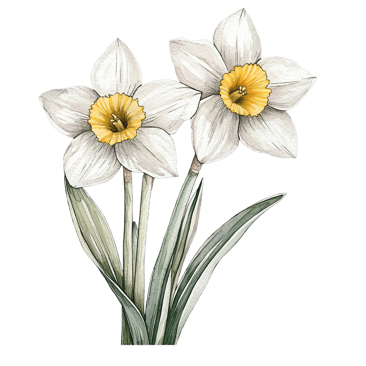 Watercolor illustration of two white daffodils with yellow centers and green stems.