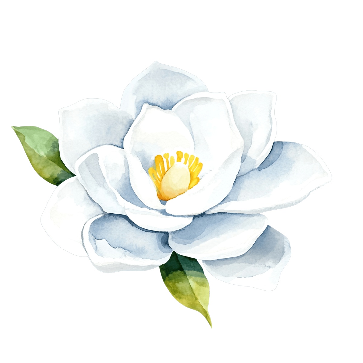 Watercolor illustration of a white magnolia flower with green leaves.