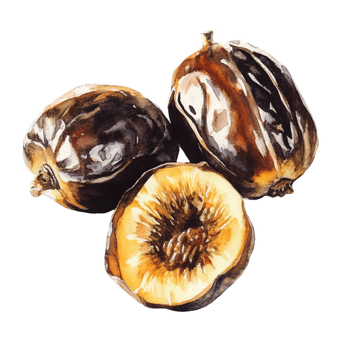 Watercolor illustration showing whole and halved dates with detailed textures.