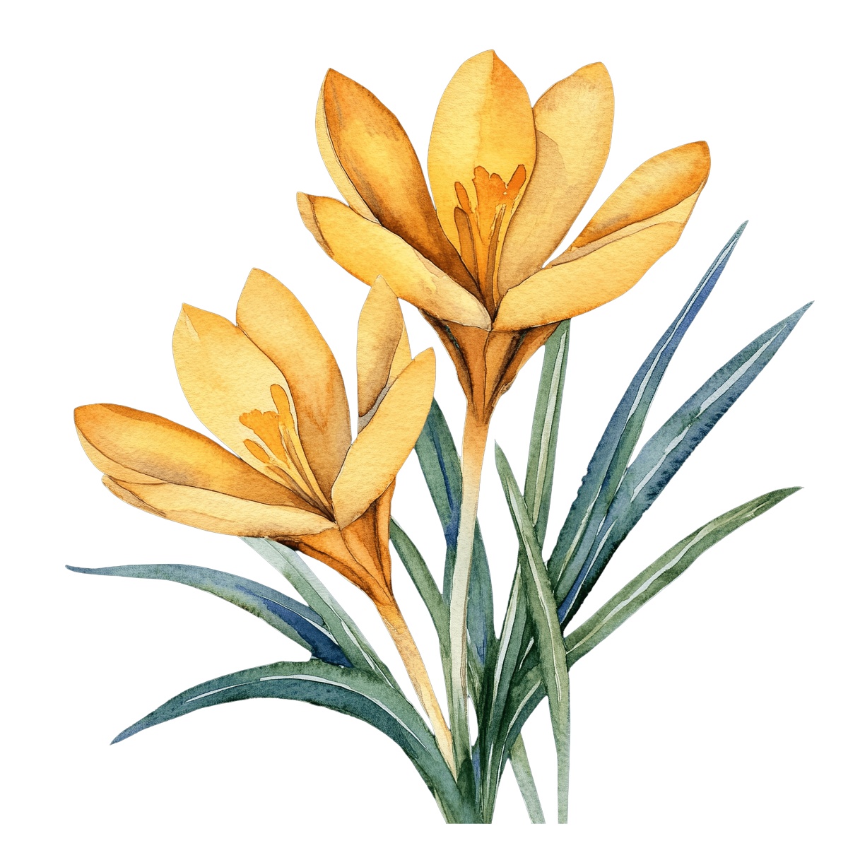Yellow crocus flowers with green leaves depicted in watercolor style.