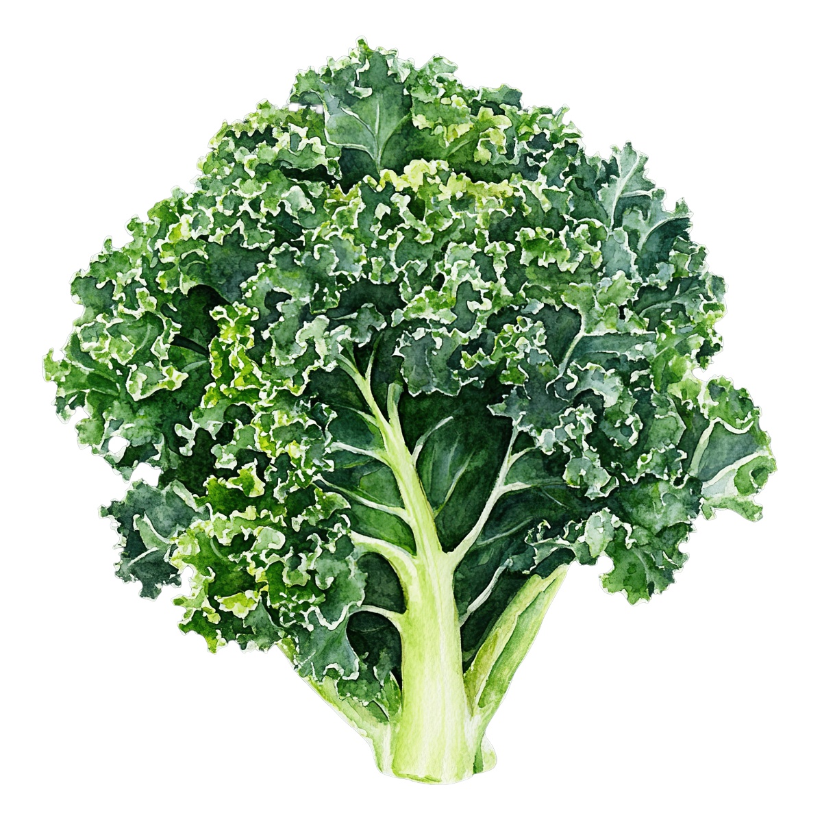Watercolor image of a kale bunch with detailed green leaves.
