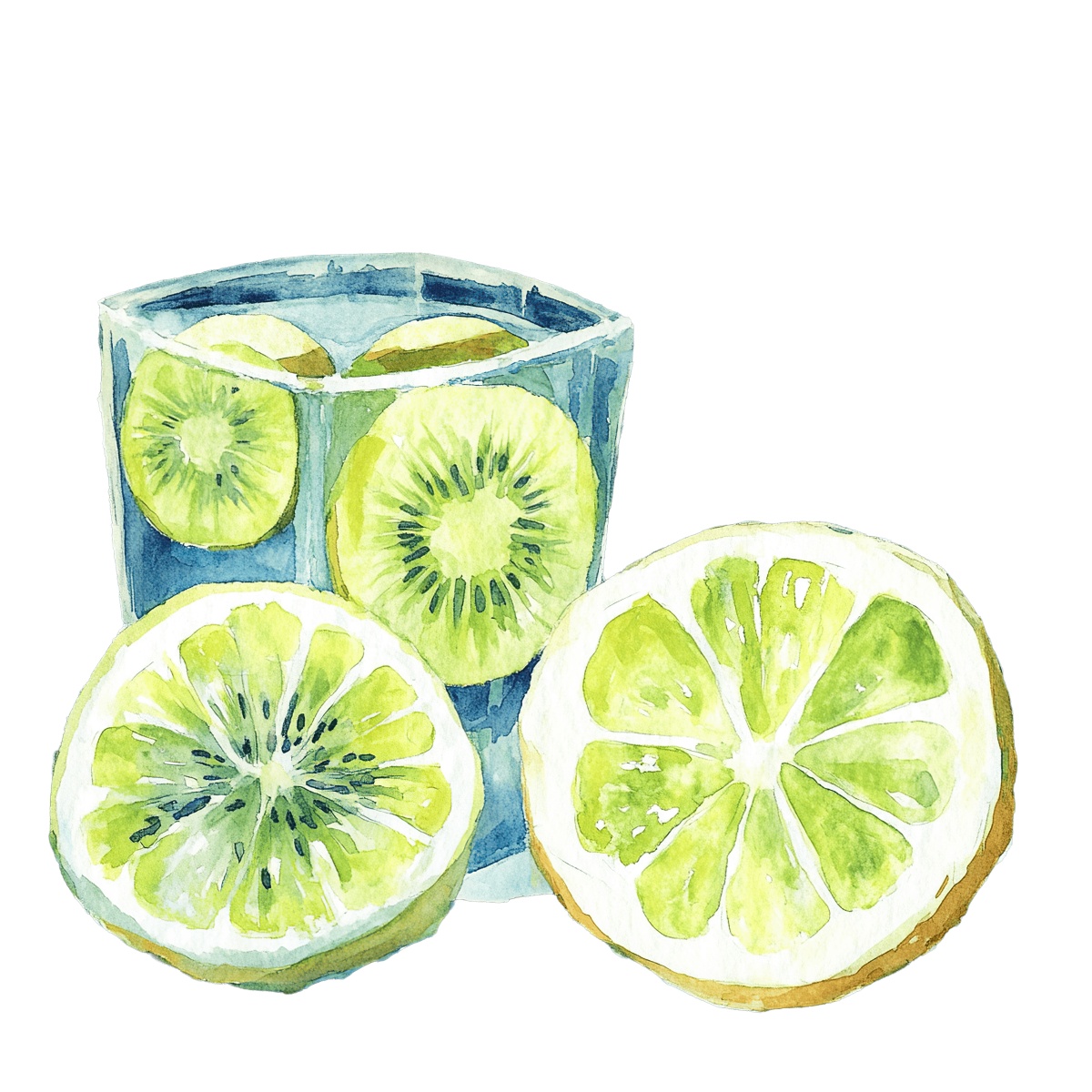 Watercolor kiwi and lime slices with a refreshing drink in a glass.