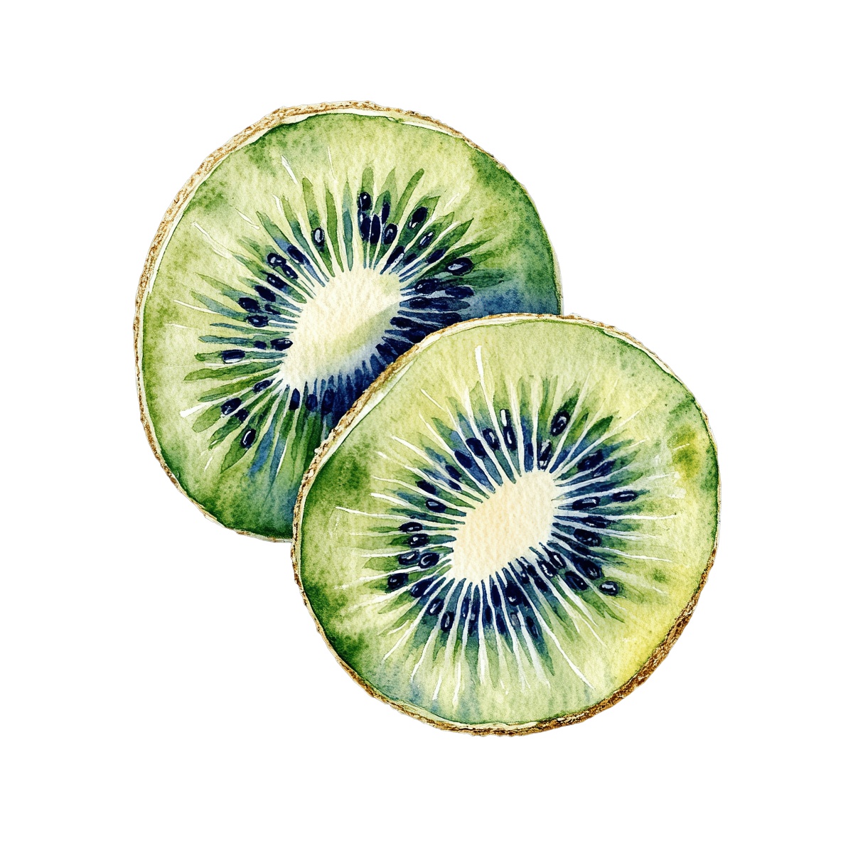 Watercolor art of two kiwi slices with detailed seeds and texture.