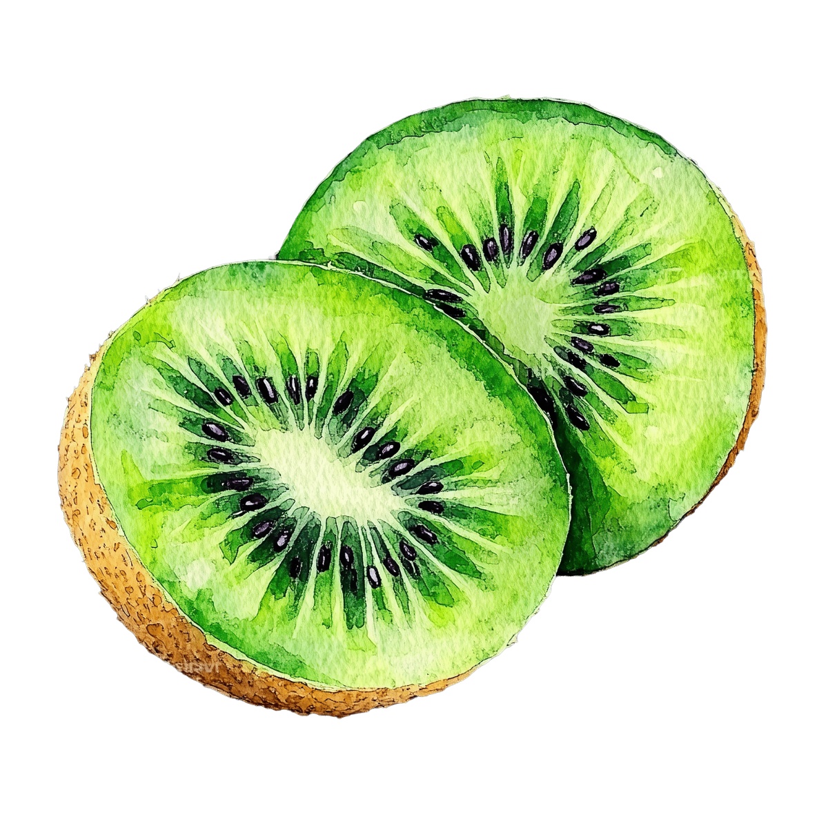 Watercolor art of two kiwi slices with bright green flesh.