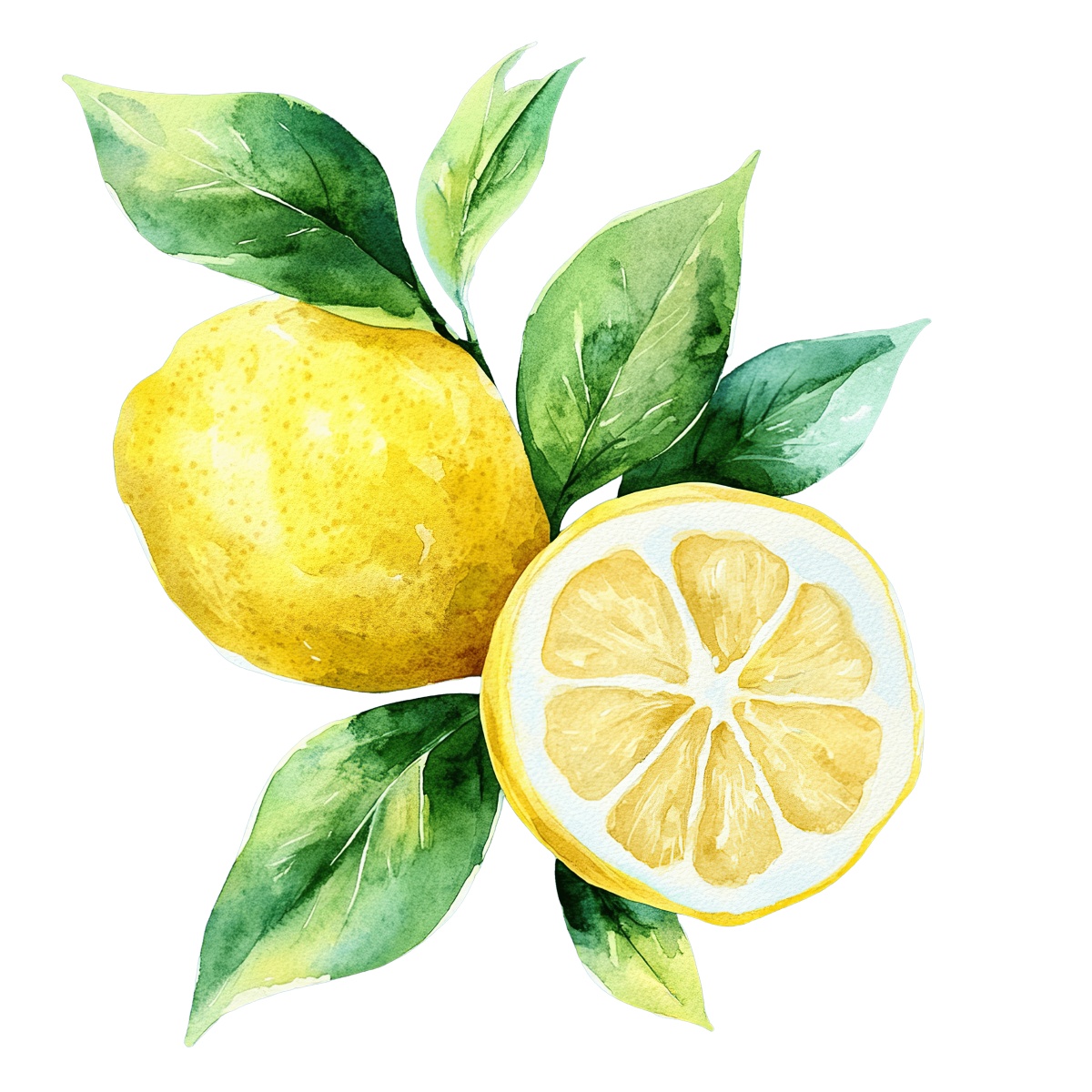 Watercolor lemon with green leaves and a sliced half.