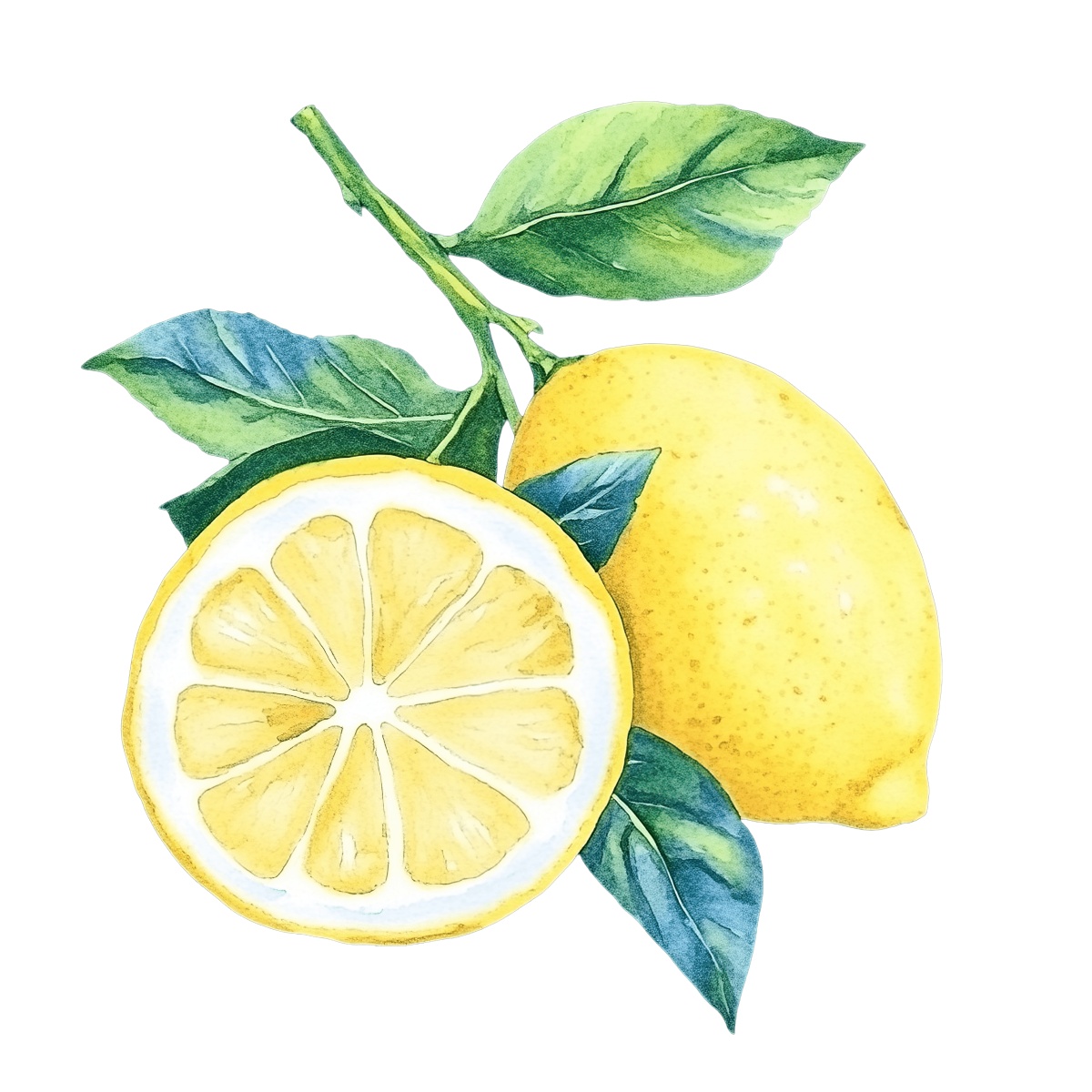 Watercolor lemon with green leaves and a sliced half.
